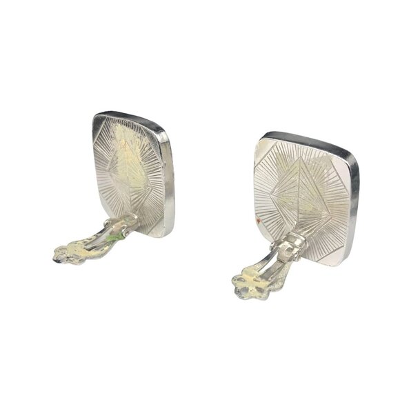 Vintage Black Banded Agate Earrings, Silver Tone Frames with Clip On, Chic Stria - Picture 3 of 5